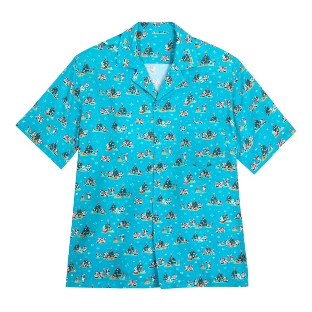 NWT Disney Parks Holiday All Over Christmas Short Sleeve Button Shirt Mickey XS
